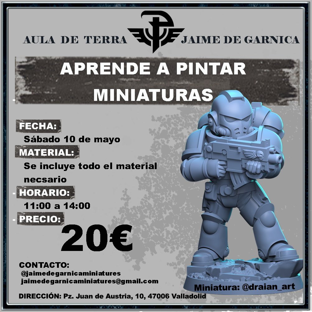 ¿Quieres pintar tus miniaturas pero no sabes por dónde empezar? ¿Acabas de iniciarte en el hobby?

Pues te espero el sábado 10 de mayo en el Aula de Terra donde podrás aprender los conceptos básicos de la pintura de miniaturas.

Si tienes cualquier duda mandame un dm.
#valladolid