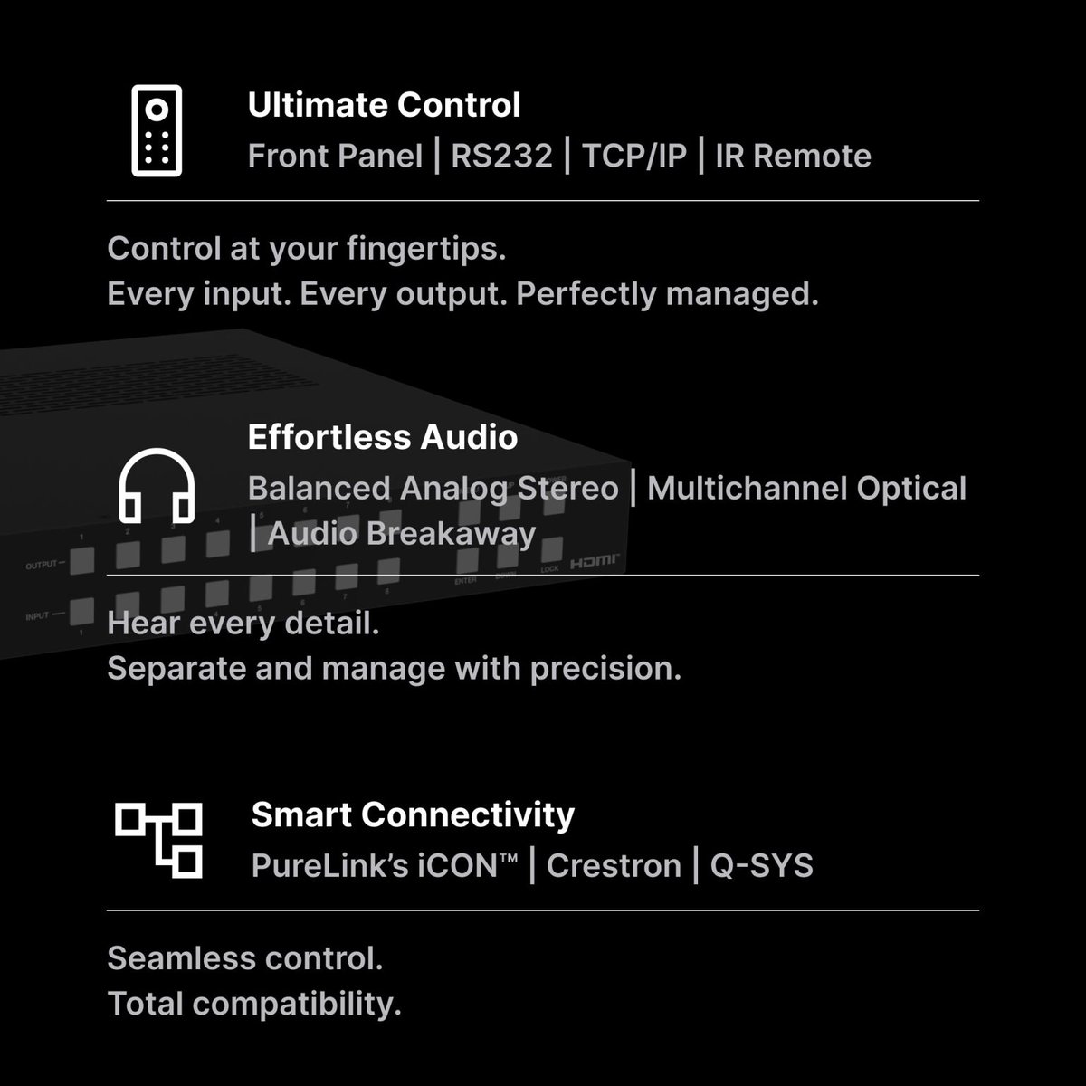 msdsolutionsksa's tweet image. Meet the SX2-8800: Precision-engineered brilliance in an 8x8 HDMI 2.0b Matrix Switcher. Swipe to uncover its game-changing features.
Contact us via email at info@msd-solutions.net
#MSDSOLUTIONS #Purelink #ControlSolutions #AVSolutions #meetingrooms #videowalls #Technology