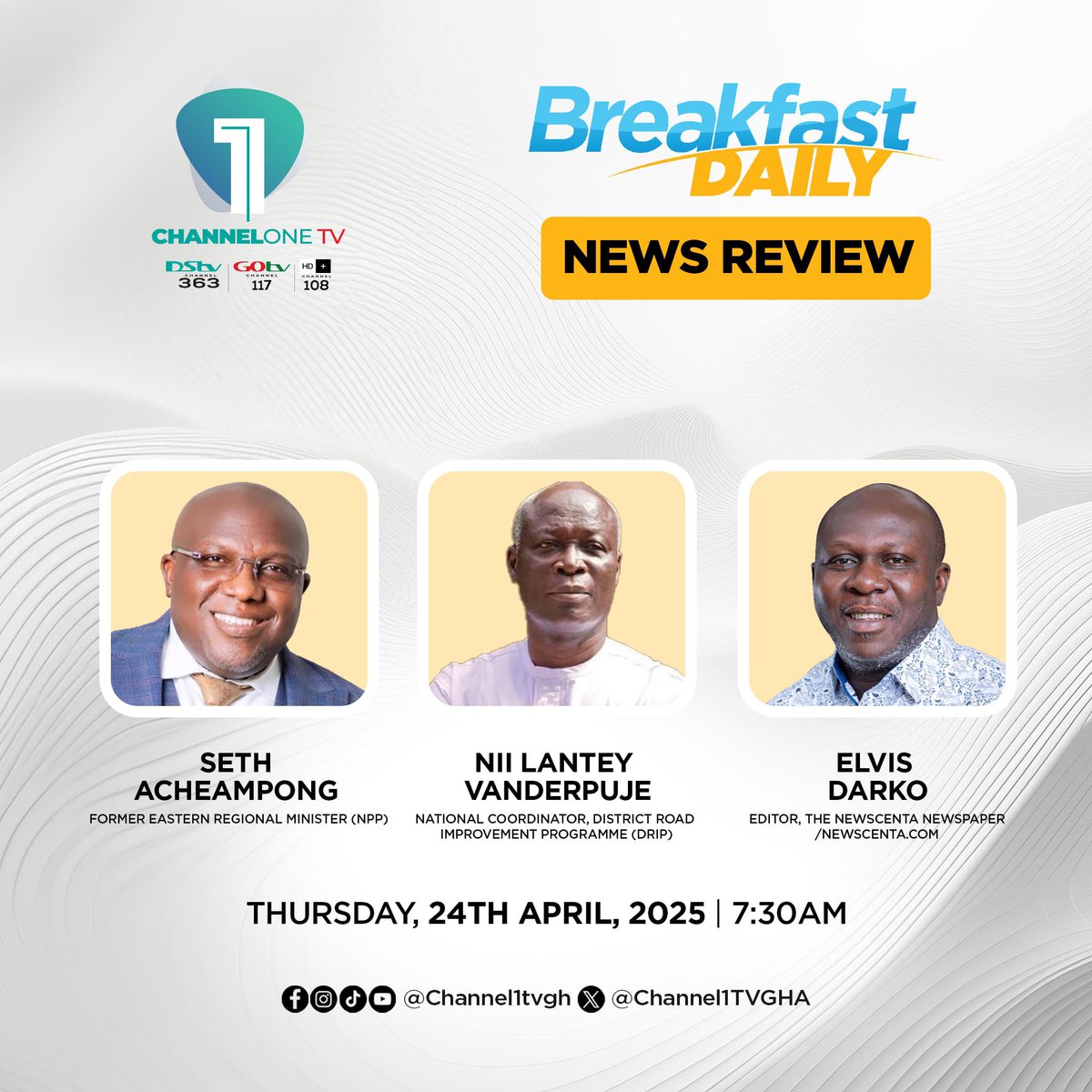 Live Now!

New Review Segment on #BreakfastDaily <a href="/Channel1TVGHA/">ChannelOne TV</a> 

#LeadershipOfService