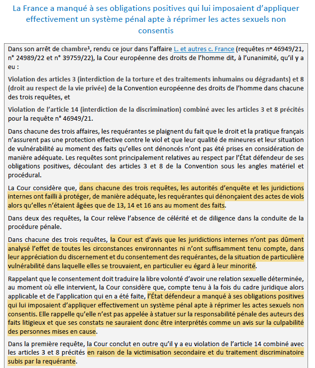 Très important : De façon inédite, la France est condamnée par la CEDH en raison de défaillances dans le traitement judiciaire des violences sexuelles envers des mineures.

La Cour fustige surtout des carences dans « l'évaluation de la réalité du consentement » des victimes.