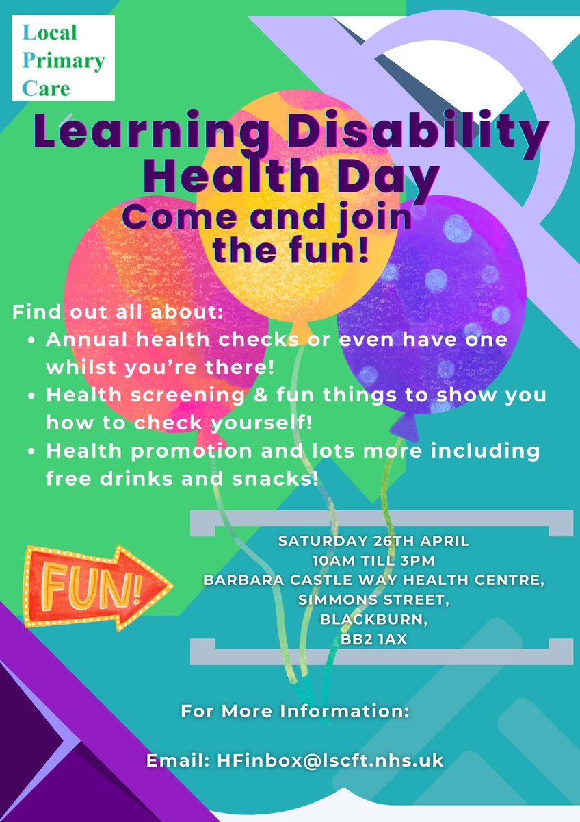 This weekend our Local Primary Care team are hosting a Learning Disability Health Day at Barbara Castle Way Health Centre. 

It's open from 10am til 3pm. They will be providing information about annual health checks and health screenings. Free drinks and snacks will be available!