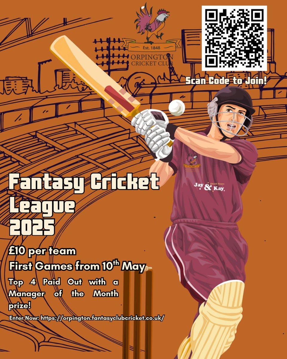 Think you know your cricket? Time to prove it!
Orpington Cricket Club’s Fantasy Cricket League 2025 is here!
•£10 per team
•First games kick off from 10th May
•Prizes for Top 4 Managers + Manager of the Month Awards!
Scan the QR code or enter via: orpington.fantasyclubcricket.co.uk