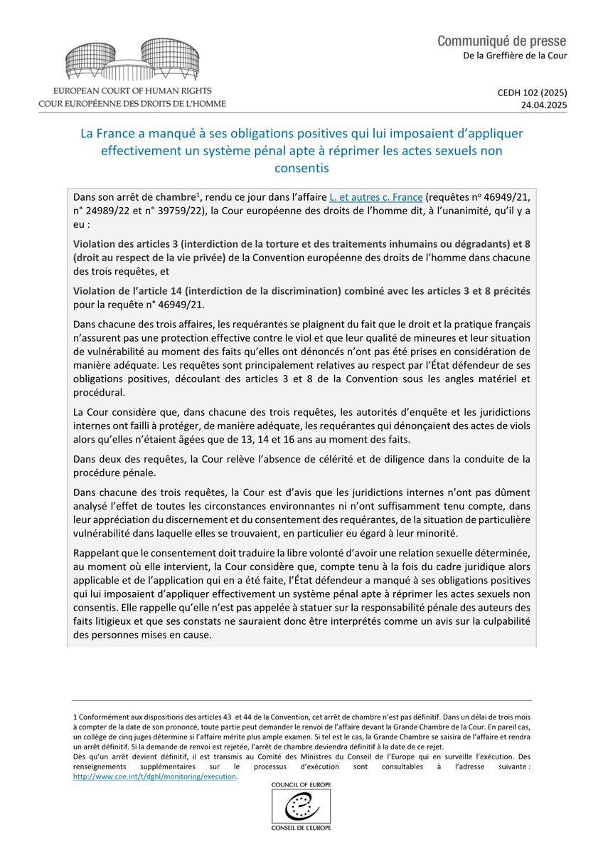 Arrêt L. et autres c. France - répression pénale des actes sexuels non consentis
hudoc.echr.coe.int/app/conversion…
#ECHR #CEDH #ECHRpress