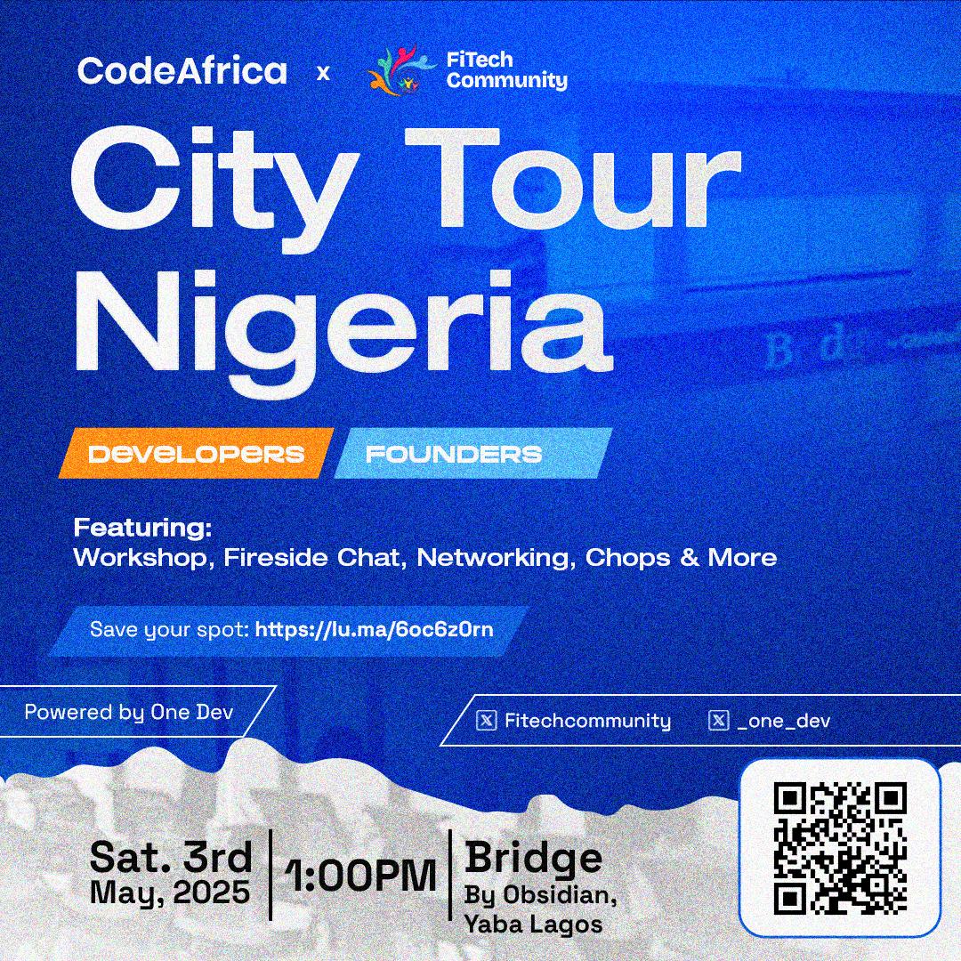 Faytey7's tweet photo. Hey everyone! We're super excited to invite you to the Code Africa City Tour, hitting Lagos on May 3rd, 2025! Join us at The Bridge by Obsidian in Yaba for an awesome afternoon dedicated to celebrating and growing the amazing tech scene across Africa. https://t.co/X6eQQsmcqd