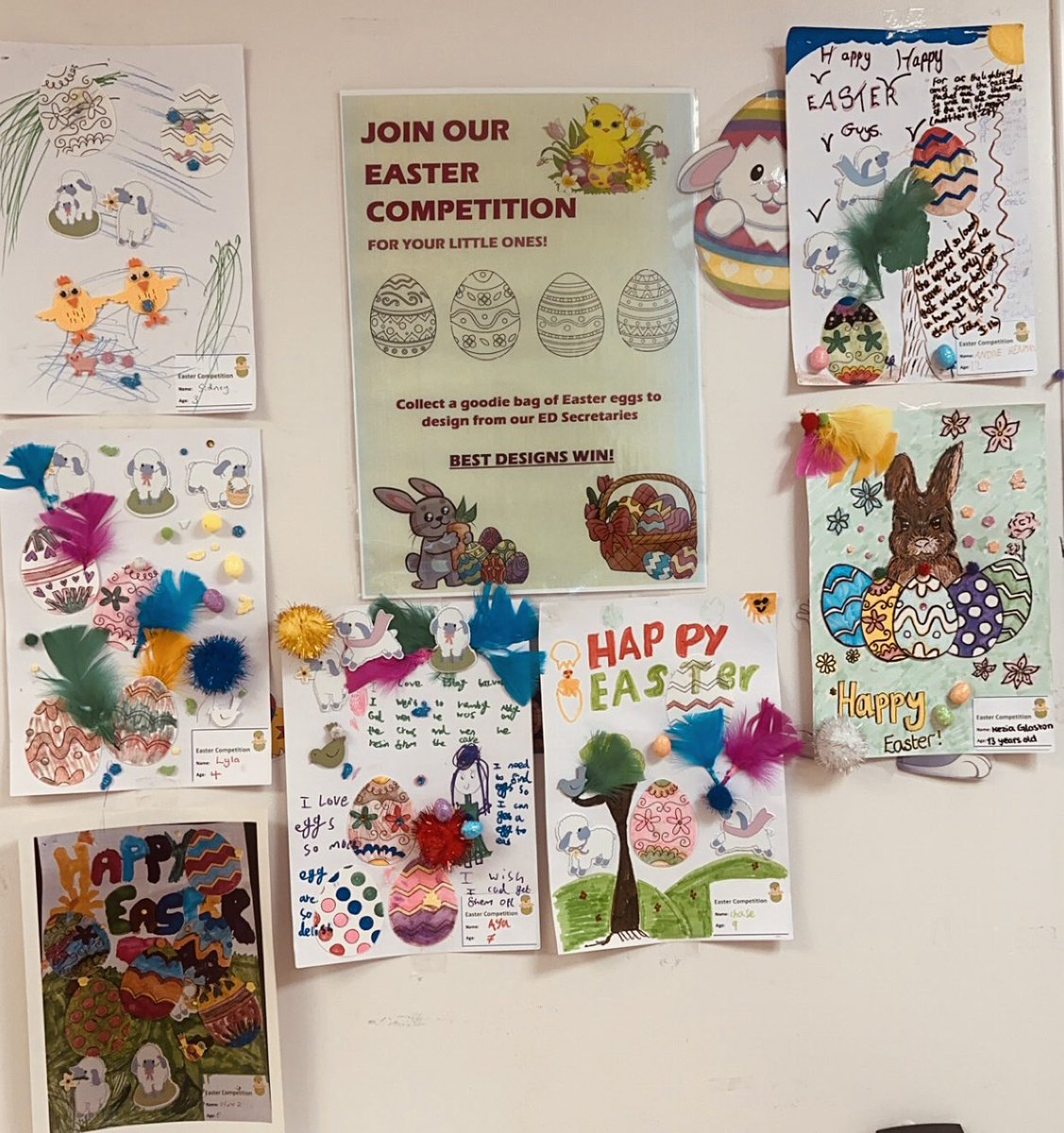 The amazing Easter competition entries displayed in ED. Such beautiful detail and talent shown, by our #MiniEDFamily ❤️🐣💐🎁 lots of prizes to be won 🥇 #EDWellbeingNetwork