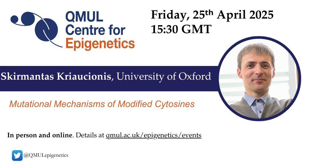 QMULepigenetics's tweet image. Our next guest speaker webinar is happening this Friday, April 25th at 15:30 GMT. Skirmantas Kriaucionis will give a talk on: "Mutational Mechanisms of Modified Cytosines". To join please follow the link below: qmul.ac.uk/epigenetics/ev…