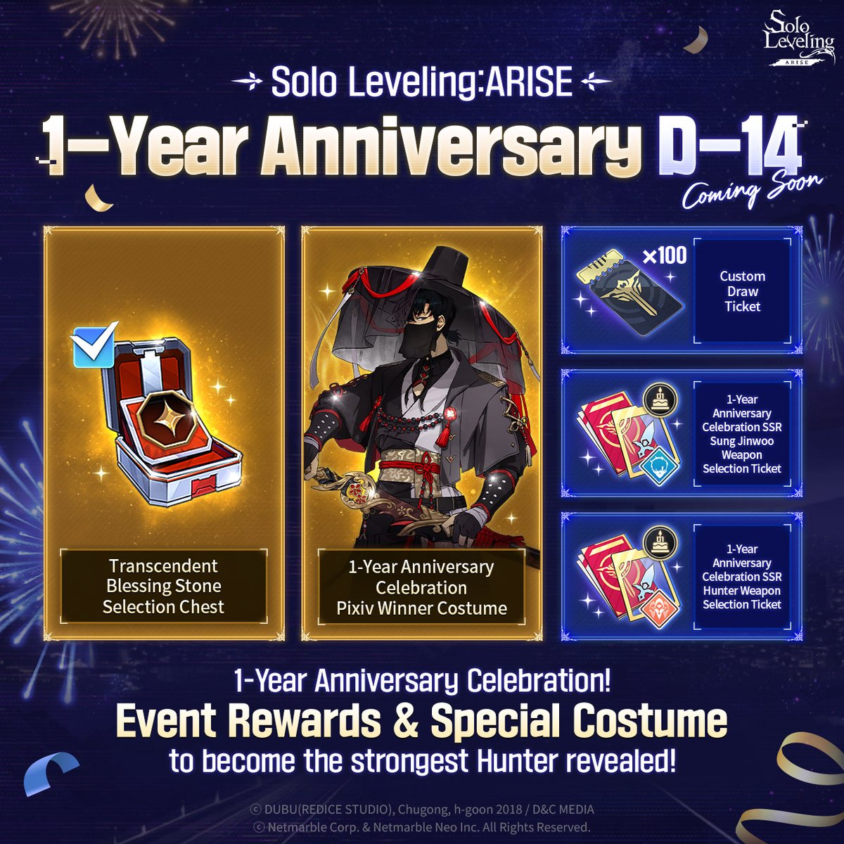 Sololv_ARISE_GL's tweet photo. Solo Leveling:ARISE 1-Year Anniversary D-14!

🎁Pre-announcement on the 1-year anniversary celebration exclusive rewards!
Clear various missions, including the check-in gift, and claim special gifts!

Look forward to the 1-year anniversary celebration update where abundant rewards await.😎

#sololevelingARISE #sololeveling
#sololevelinggame #netmarble #onlyilevelup
#1YearAnniversary #D_14