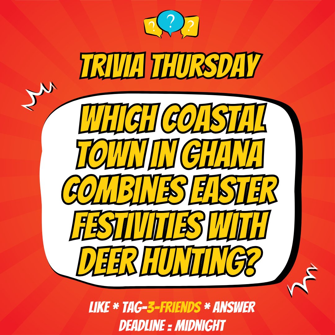 stepnget's tweet photo. 🧠Which coastal town in Ghana combines Easter festivities with deer hunting? 10,000 points up for grabs!
Like, Tag 3 Friends and Answer
#StepNGet #Easter #TriviaThursday #WhatsYourStory https://t.co/j78tkQwxhN