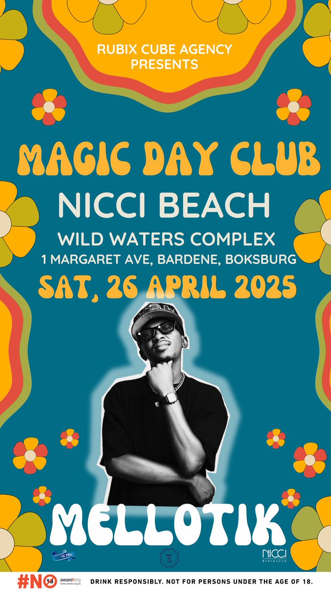 #MagicDayClub2025 <a href="/niccibeach/">niccibeach</a> vibe dealers for  Saturday 26 April 2025 

🎫: webtickets.co.za/v2/event.aspx?…
📍: Nicci Beach, Wildwaters Complex, 1 Margaret Avenue, Bardene, Boksburg

#MagicDayClub2025 at a beach near you!

#MDC25
#MDC2025
#ProtectTheVibes
#RubixCubeAgency