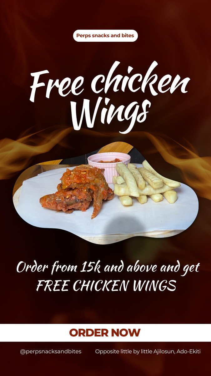 Who doesn’t love FREE chicken wings?
Order goodies worth ₦15,000 or more from @perpssnacksandbites and get a juicy plate of chicken wings-on the house! 
Just for today and tomorrow.
Don't wait. ORDER NOW!
Opp. Little by Little, Ajilosun, Ado-Ekiti
#AdoEats #FoodPromo #ekitifood