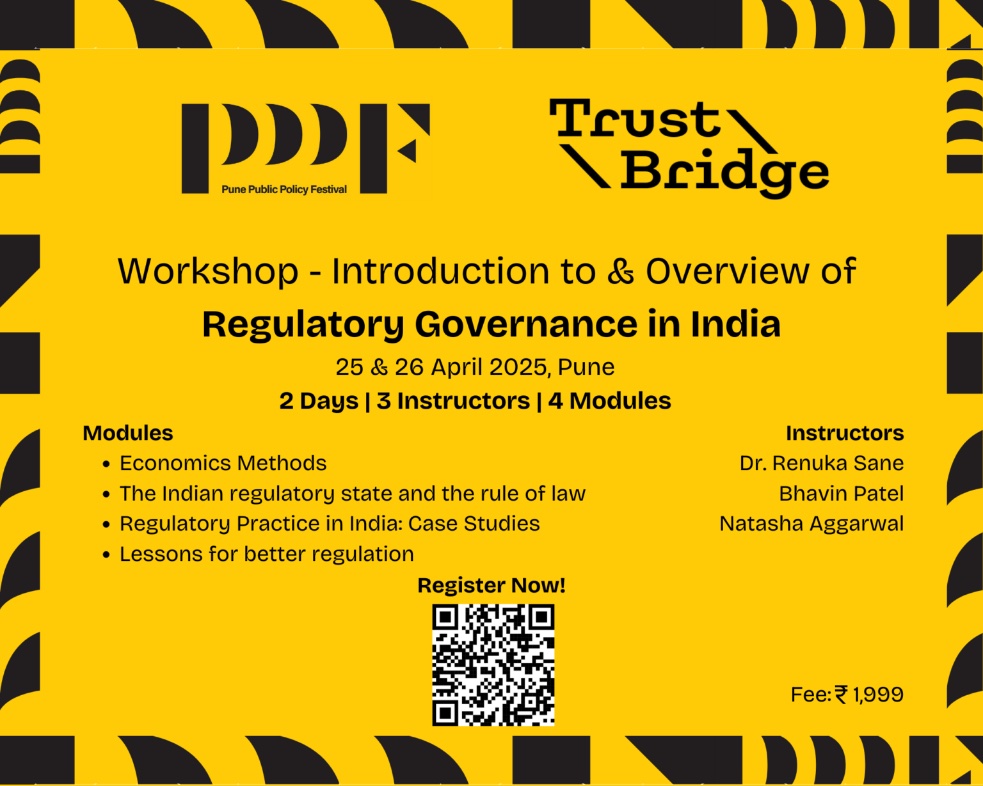 Sahil Deo (@deosahil) on Twitter photo Last chance to attend tomorrows super cool workshop on regulatory governance in India by <a href="/TrustBridgeRule/">TrustBridge Rule of Law Foundation</a> & <a href="/PunePPF/">Pune Public Policy Festival</a>
More - trustbridge.in/events/worksho…
<a href="/resanering/">Renuka Sane</a> <a href="/aparanjape/">Amit Paranjape</a> <a href="/rugwed/">Rugwed Deshpande</a> <a href="/cIndraneel/">Indraneel Chitale</a> Last chance to attend tomorrows super cool workshop on regulatory governance in India by <a href="/TrustBridgeRule/">TrustBridge Rule of Law Foundation</a> & <a href="/PunePPF/">Pune Public Policy Festival</a>
More - trustbridge.in/events/worksho…
<a href="/resanering/">Renuka Sane</a> <a href="/aparanjape/">Amit Paranjape</a> <a href="/rugwed/">Rugwed Deshpande</a> <a href="/cIndraneel/">Indraneel Chitale</a>