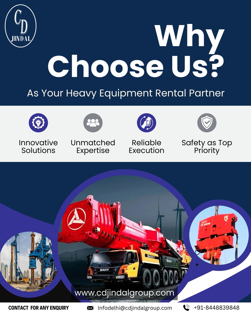 cdJindal's tweet image. Why do India’s top construction giants choose Jindals for their Equipment Rental needs?
✔ Advanced Fleet Of Heavy Equipments
✔ Skilled Workforce
✔ Proven Safety Standards
✔ Nation-wide Presence

#WhyJindal #ChooseExcellence #InfraSolutions  #EquipmentRental #JindalForGrowth