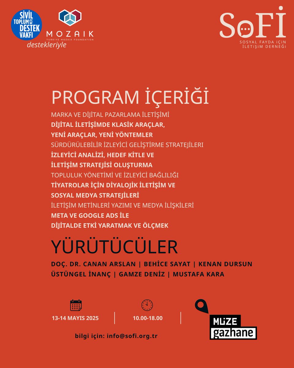 Sosyal Fayda için İletişim Derneği (@sofidernek) on Twitter photo 🎭 Tiyatro Sanatçılarına Çağrı: İletişim, Strateji ve Görünürlük Atölyesi
13–14 Mayıs’ta Müze Gazhane’de buluşuyoruz!
Katılım ücretsiz, kontenjan sınırlı.
Son başvuru: 6 Mayıs 2025
@siviltoplumdestek <a href="/turkeymozaik/">Turkey Mozaik Foundation</a>
Detaylar ve başvuru formu için: sofi.org.tr/atolye 🎭 Tiyatro Sanatçılarına Çağrı: İletişim, Strateji ve Görünürlük Atölyesi
13–14 Mayıs’ta Müze Gazhane’de buluşuyoruz!
Katılım ücretsiz, kontenjan sınırlı.
Son başvuru: 6 Mayıs 2025
@siviltoplumdestek <a href="/turkeymozaik/">Turkey Mozaik Foundation</a>
Detaylar ve başvuru formu için: sofi.org.tr/atolye