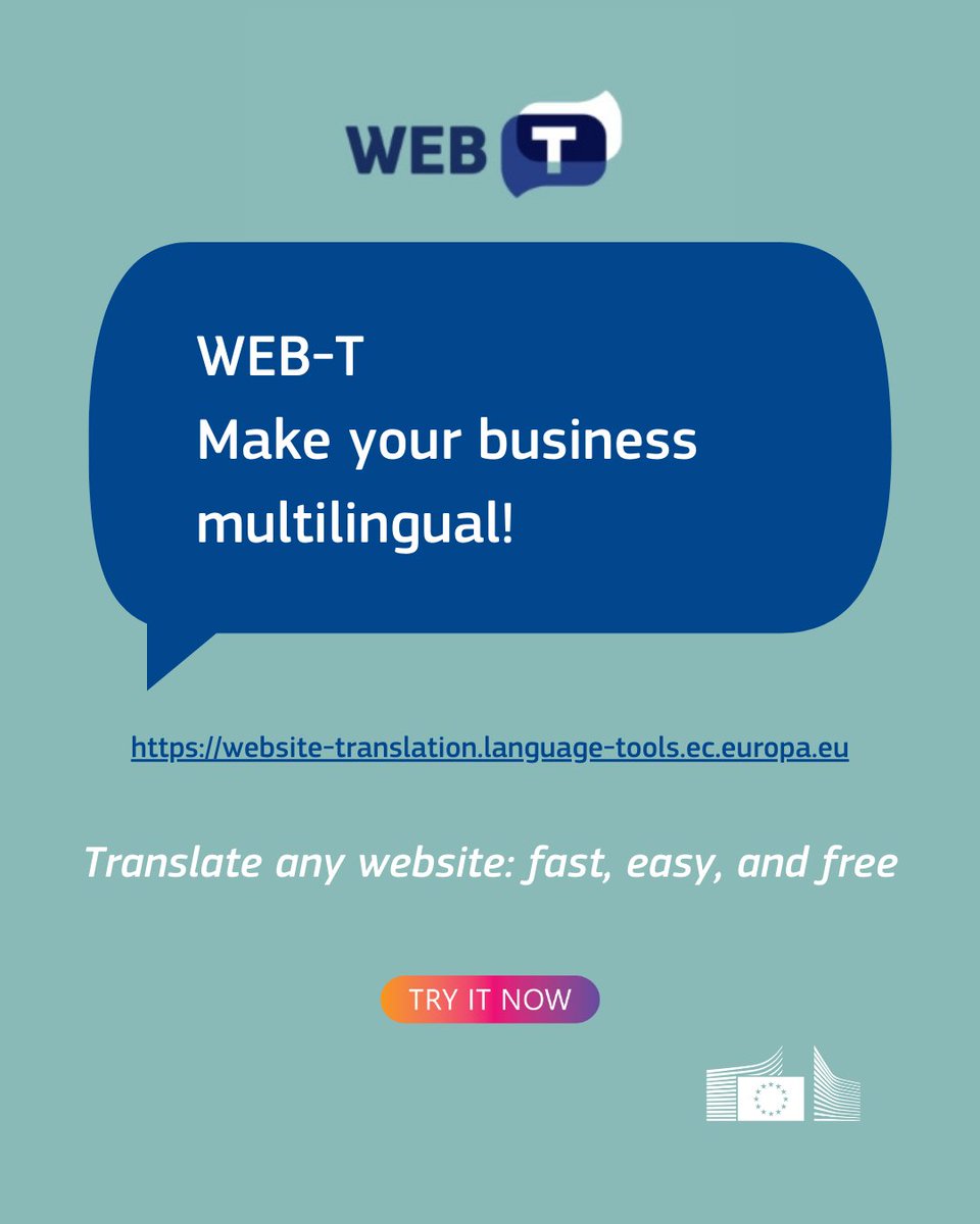 Translating for Europe (@translatores) on Twitter photo Looking for an automated tool to translate your website?
👉 WEB-T is free of charge and easy to use, offering basic translations into more than 24 languages thanks to our #eTranslation service.
➡️ europa.eu/!ywHHqQ
<a href="/DigitalEU/">Digital EU 🇪🇺</a>
#xl8 Looking for an automated tool to translate your website?
👉 WEB-T is free of charge and easy to use, offering basic translations into more than 24 languages thanks to our #eTranslation service.
➡️ europa.eu/!ywHHqQ
<a href="/DigitalEU/">Digital EU 🇪🇺</a>
#xl8
