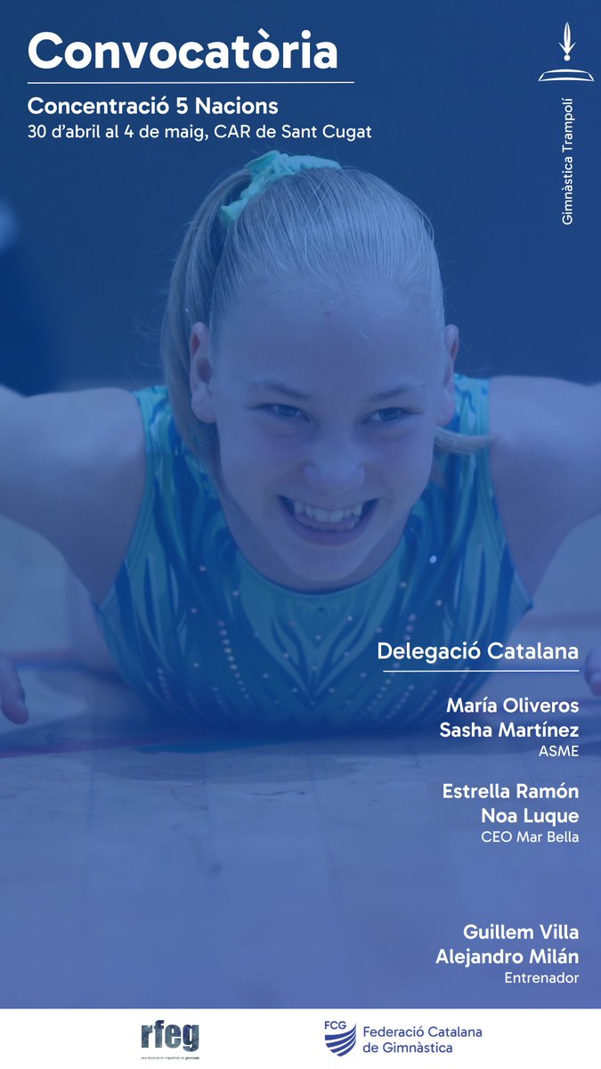 🚨 𝗖𝗢𝗡𝗩𝗢𝗖𝗔𝗧𝗢̀𝗥𝗜𝗔 | La <a href="/RFEGimnasia/">RFEGimnasia</a> ha seleccionat 4⃣ gimnastes catalans de #TRA per participar a la concentració de cinc nacions (Espanya, Itàlia, Alemanya, França i Portugal) que tindrà lloc al  <a href="/CARSantCugat/">CAR Sant Cugat</a> del 30 d'abril al 4 de maig.

Som-hi equip! 💪

#GimcatFCG