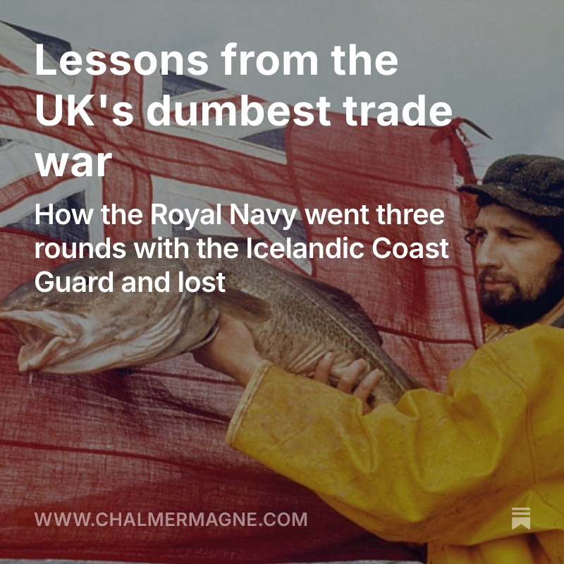 chalmermagne's tweet photo. new from me, I look at an ill-advised era of British trade and defence policy: our three Cod Wars with Iceland. 

A series of (at times) violent bust-ups between the Royal Navy and Icelandic Coast Guard tell us a surprising amount about modern-day policy and strategy 🧵 https://t.co/PSKiW3XUv4