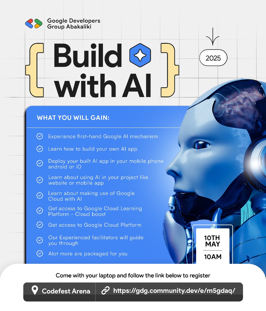 GDGAbakaliki's tweet photo. It’s *Build With AI* season 🦾🦿
AI is changing the game, and we’re bringing the heat to Abakaliki 🔥
Join us on May 10th for hands-on workshops, expert sessions, and codelabs powered by Google’s latest AI/ML tools 🤖

Register here -  https://t.co/XORi4UhxIH https://t.co/Sx7sweAKNS
