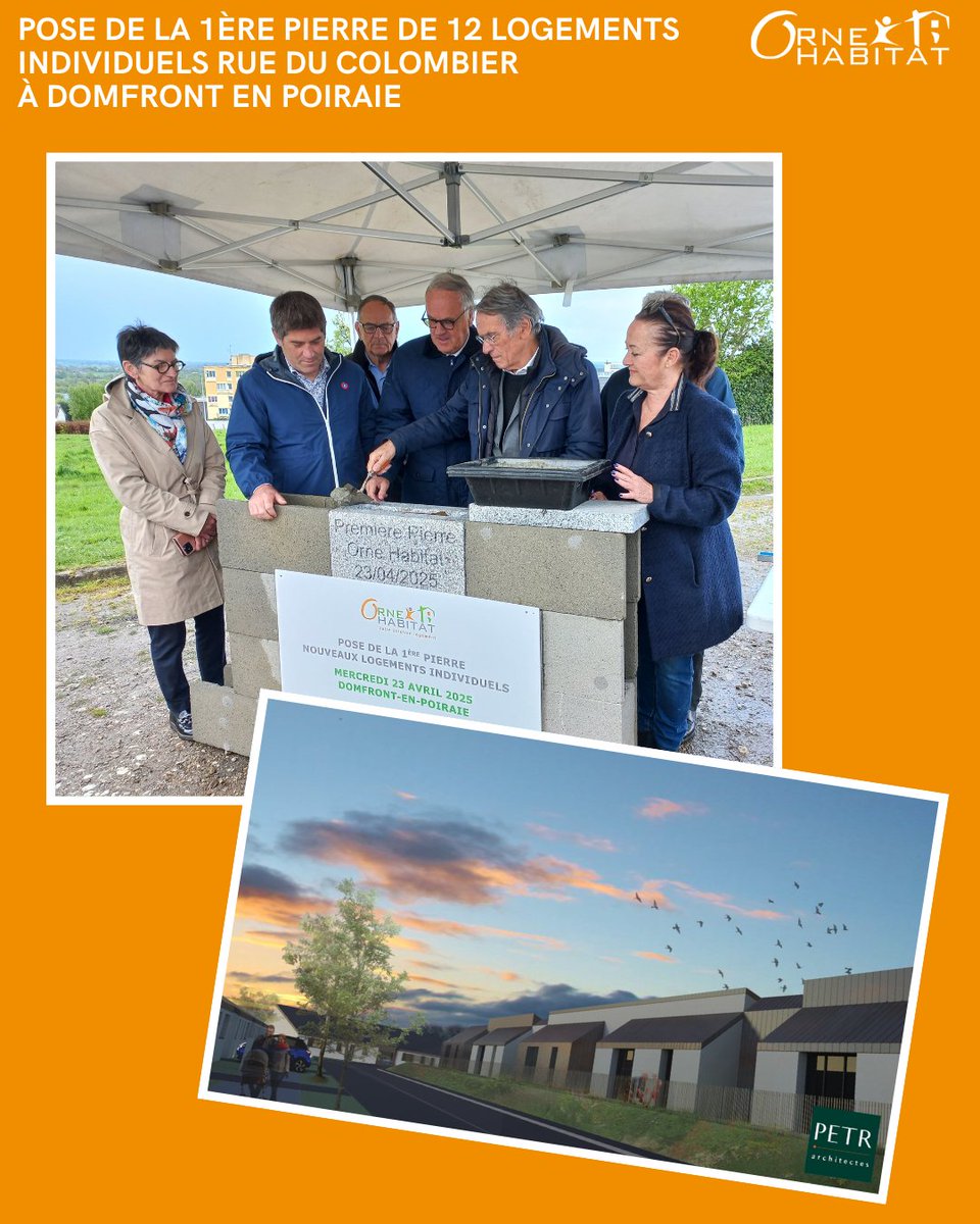 👷 🚧 Mercredi dernier, la 1ère pierre de 12 logements individuels a été posée rue du Colombier à Domfront en Poiraie.
Les futurs logements sont de types T3 et T4. La livraison du chantier est prévue pour l'été 2026.
orne-habitat.com/fr/actualites/…
