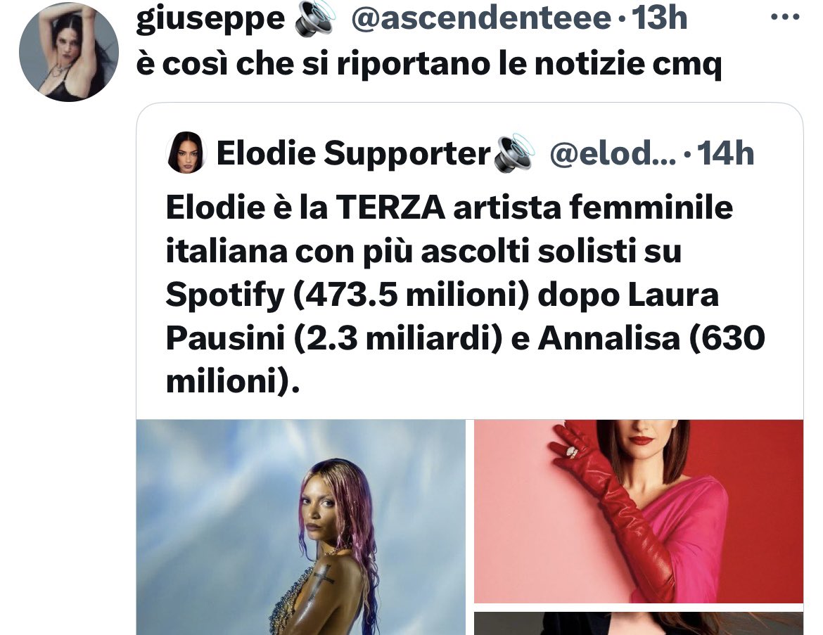 no ragazzi il problema è che se la pagina su Annalisa (sottolineo) avesse mostrato anche il nome di Elodie come terza, vi sareste fatti problemi lo stesso⏰⏰⏰⏰