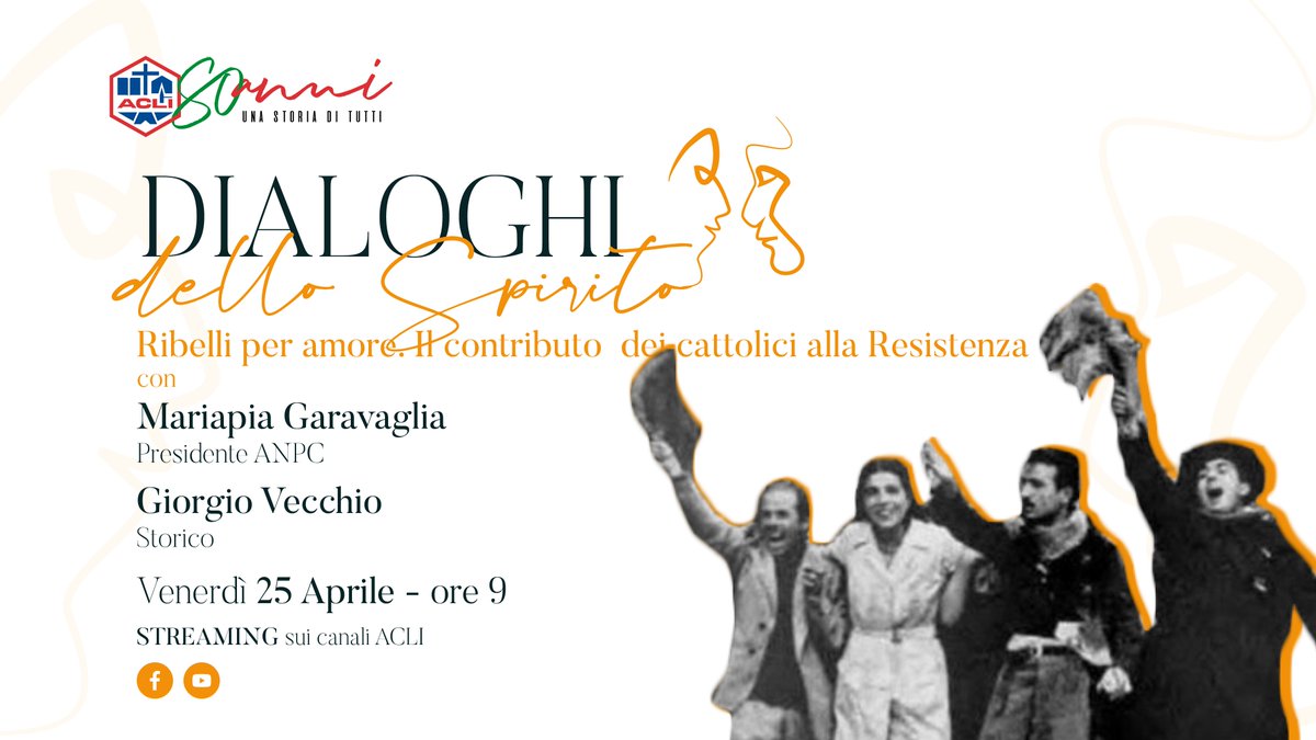 ⏰Domani 25 aprile, Festa della Liberazione,  alle ore 9 una puntata dei Dialoghi dello Spirito dedicata al contributo dei cattolici alla Resistenza con la Presidente dell' ANPC, Mariapia #Garavaglia, e lo storico Giorgio #Vecchio

📺In streaminq su Fb e YT