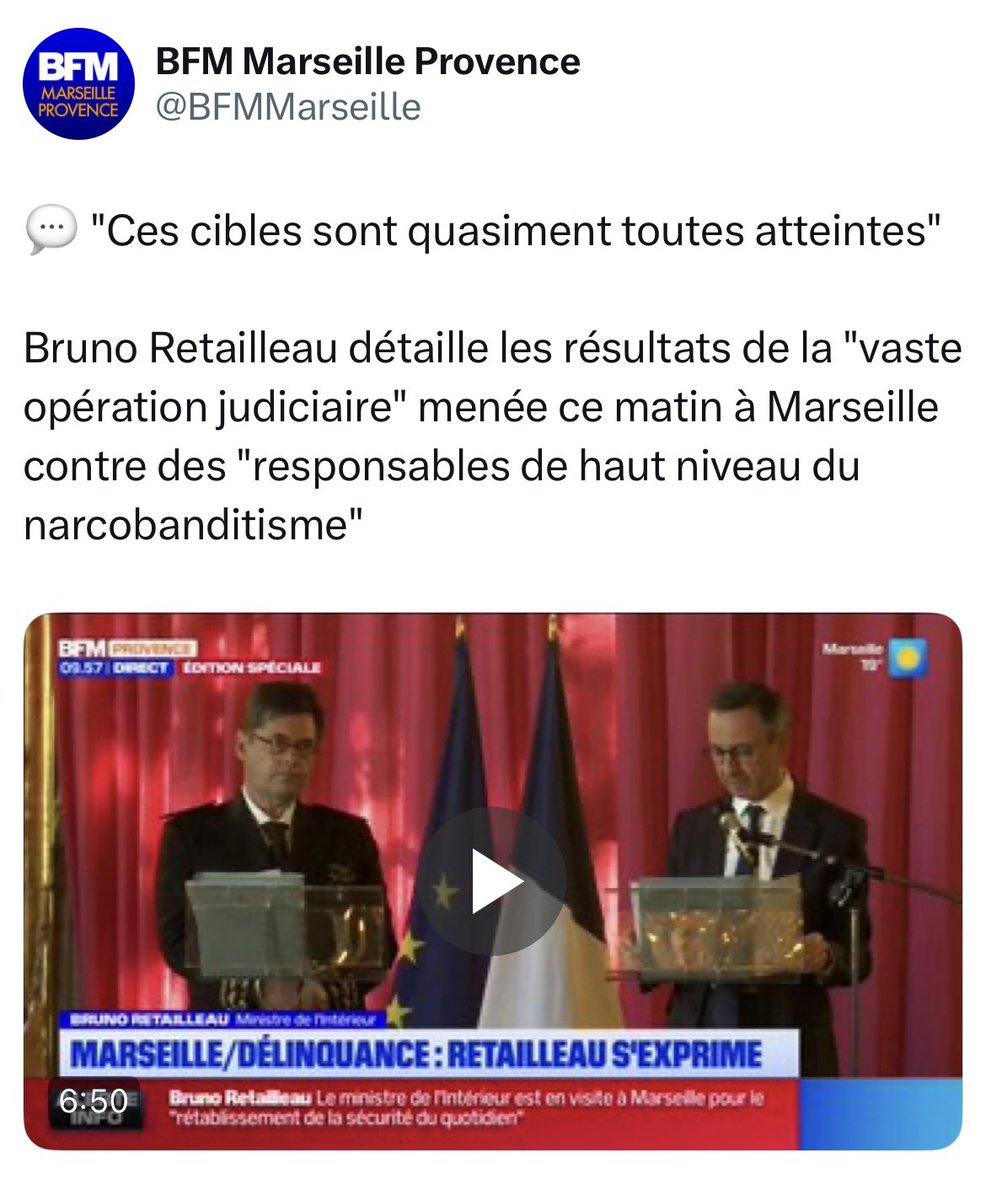 À Marseille, l’État reprend ses droits. 

Merci au Ministre de l’Intérieur <a href="/BrunoRetailleau/">Bruno Retailleau</a> pour ces mesures fortes en faveur de la sécurité des Marseillais et contre le narcotrafic.

Dire ce qu’on fait. Faire ce qu’on dit.
La République protège quand elle agit.