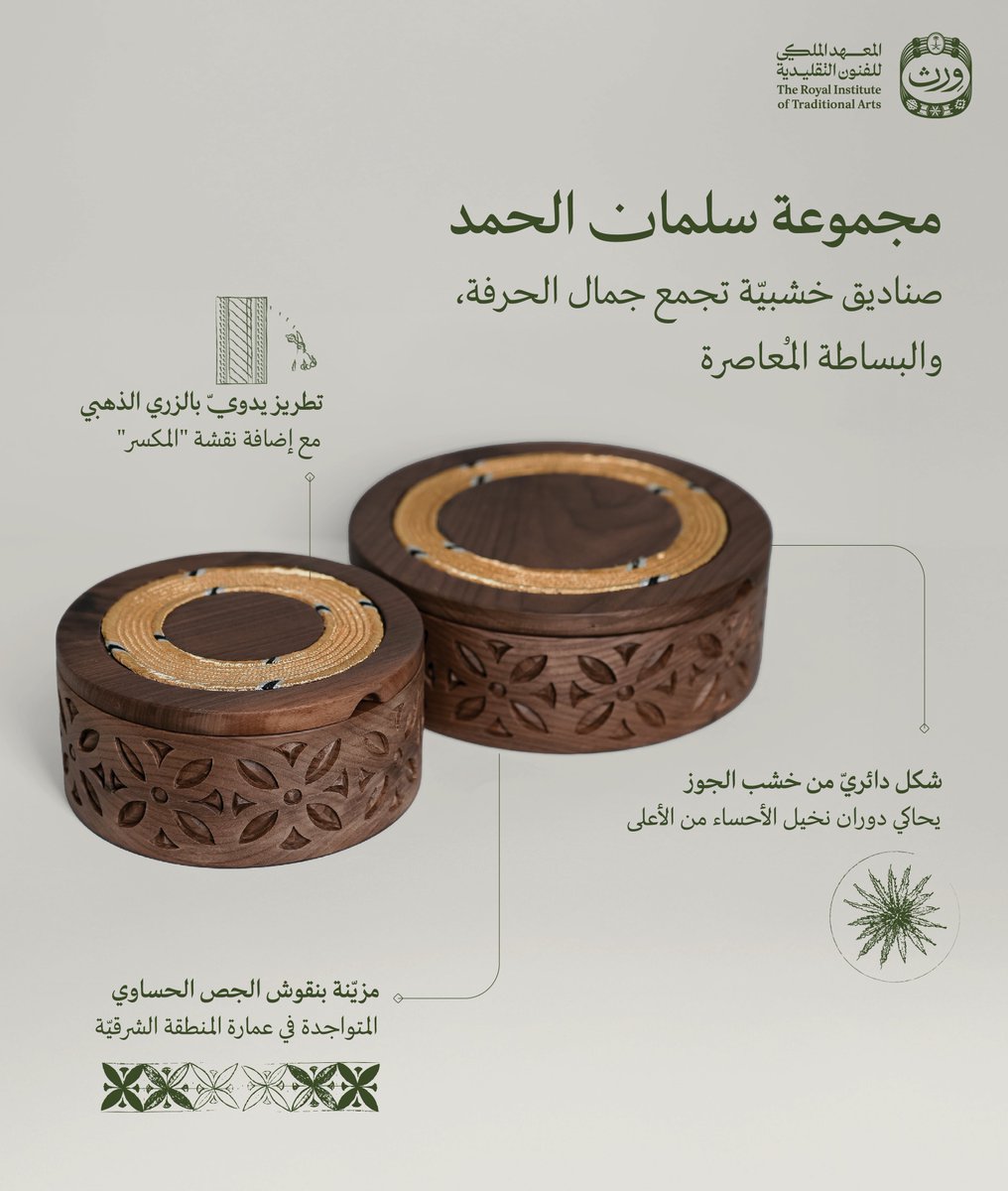 wrth_ksa's tweet photo. مجموعة تعكس فنوننا التقليديّة بشكلٍ مُعاصر

تمكين #وِرث يستمرعبر تصميم مُنتج معاصر مستلهم من واحات الأحساء، وتنفيذه يدويًا من قبل الحرفيّ سلمان الحمد

#عام_الحرف_اليدويّة_2025 https://t.co/BscbvOCCDS