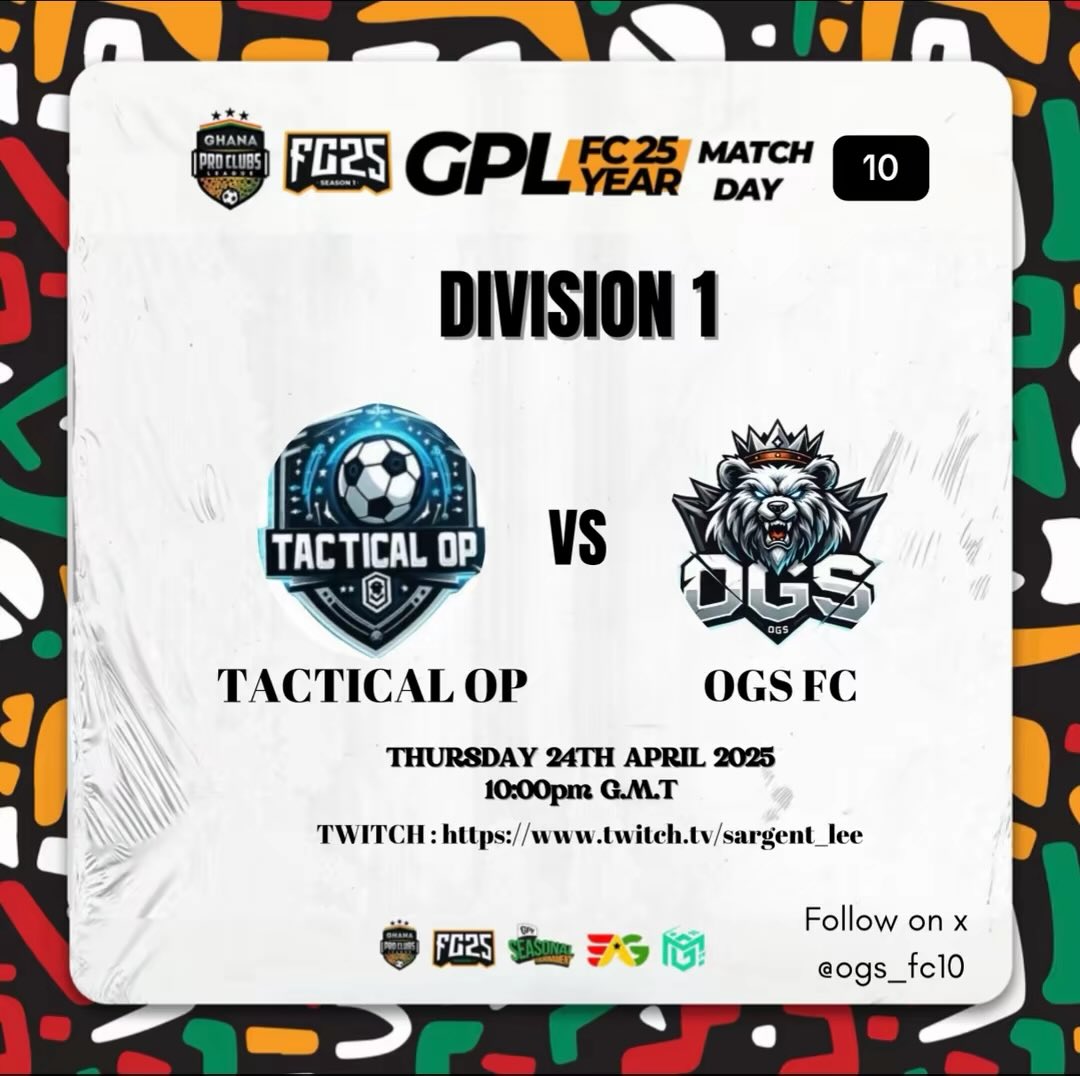 𝗜𝗧'𝗦 𝗠𝗔𝗧𝗖𝗛𝗗𝗔𝗬!!! 👀🏆

🏆 GPL Pro Clubs Division (1) League 
🏟  Rest In Peace 
🆚  <a href="/Tactical_OPgh/">Tactical OP</a> 
⏰ 22:00 KO GMT 
📺 Sky Sports