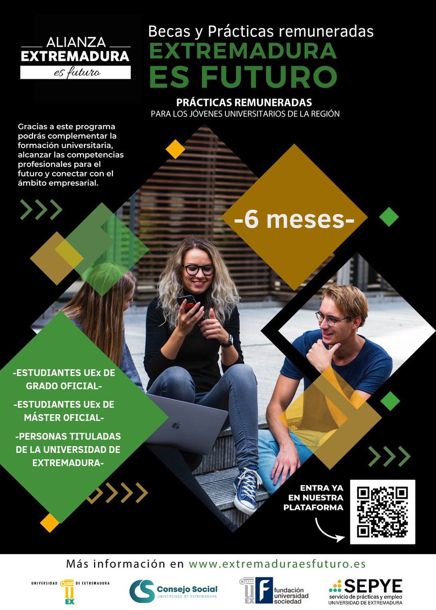 No olvides que tenemos disponibles las Becas y Prácticas remuneradas Extremadura es futuro para estudiantes y personas tituladas de la UEx

📲 accede a las ofertas aquí  practicasyempleofuex.es/ofertas
<a href="/SepyeUEx/">Servicio de Prácticas y Empleo UEx</a> <a href="/SocialUex/">Consejo Social UEX</a> <a href="/infouex/">UEx</a> <a href="/CEUEX_/">Consejo Estudiantes UEx</a>