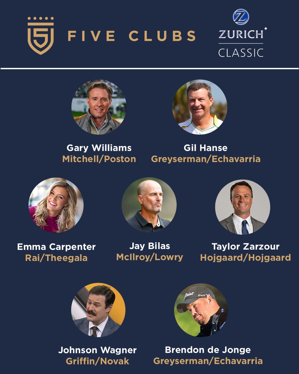 5 Clubs (@5clubsgolf) on Twitter photo Our picks for the <a href="/Zurich_Classic/">Zurich Classic</a> as <a href="/johnson_wagner/">Johnson Wagner</a> looks to make it three in a row.
<a href="/Garywilliams1Up/">Gary Williams</a> | <a href="/emmmacarpenter/">Emma Carpenter</a> | <a href="/JayBilas/">Jay Bilas</a> | <a href="/BrendonDeJonge/">Brendon de Jonge</a> | Gil Hanse | Taylor Zarzour Our picks for the <a href="/Zurich_Classic/">Zurich Classic</a> as <a href="/johnson_wagner/">Johnson Wagner</a> looks to make it three in a row.
<a href="/Garywilliams1Up/">Gary Williams</a> | <a href="/emmmacarpenter/">Emma Carpenter</a> | <a href="/JayBilas/">Jay Bilas</a> | <a href="/BrendonDeJonge/">Brendon de Jonge</a> | Gil Hanse | Taylor Zarzour