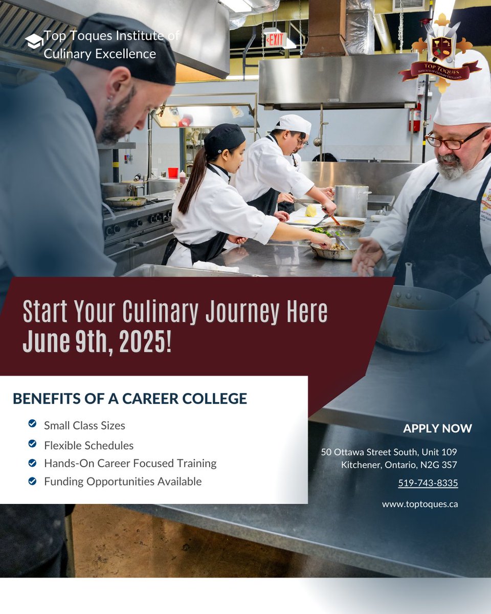 Our small class sizes allow you to learn, grow, create and discover the culinary arts!⁠ Enroll for our next start date!⁠
⁠
#cheftraining #chef #culinarytraining #culinarystudent #kwawesome #culinaryarts #kweats #waterooregion #becomeachef #blogto