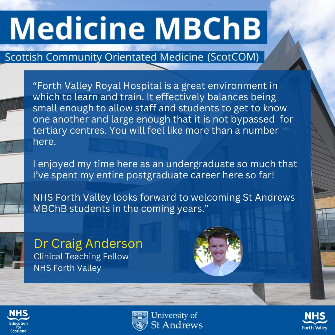 🩺Calling all future doctors!

Hear from Dr Craig Anderson, Clinical Teaching Fellow, on the unique benefits of clinical placements at Forth Valley Royal Hospital, which will host some some of our new St Andrews MBChB (#ScotCOM) students.

🔎Learn more: bit.ly/3TReQLg