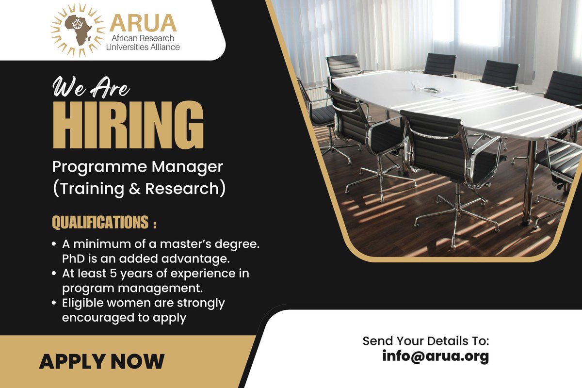 📢 ARUA is #hiring! 
We're looking for a Programme Manager – Training &amp; Research to help support our capacity-building initiatives. 
📍Based in Accra.
📝 Apply here: arua.org/vacancy-progra…

#Africajobs #AfricaResearch #HigherEd