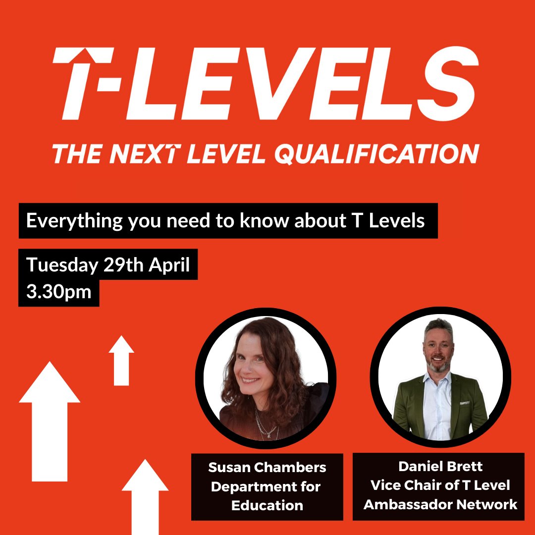 Join our webinar on 29 April to hear from Daniel Brett, Vice Chair of the T Level Ambassador Network &amp; Susan Chambers from the DfE T Level team.

Our fantastic speakers will be helping us to cover everything you need to know about T Levels!

Register: tinyurl.com/2p9d6p9k