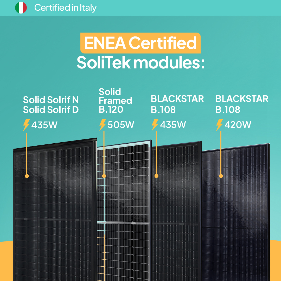 More #SoliTek modules are now officially certified by #ENEA! 🇪🇺☀️

Three new SoliTek #solarmodules have just been added to Italy’s ENEA Photovoltaic Technology Register, bringing our total to five #certified modules. 5️⃣✔️