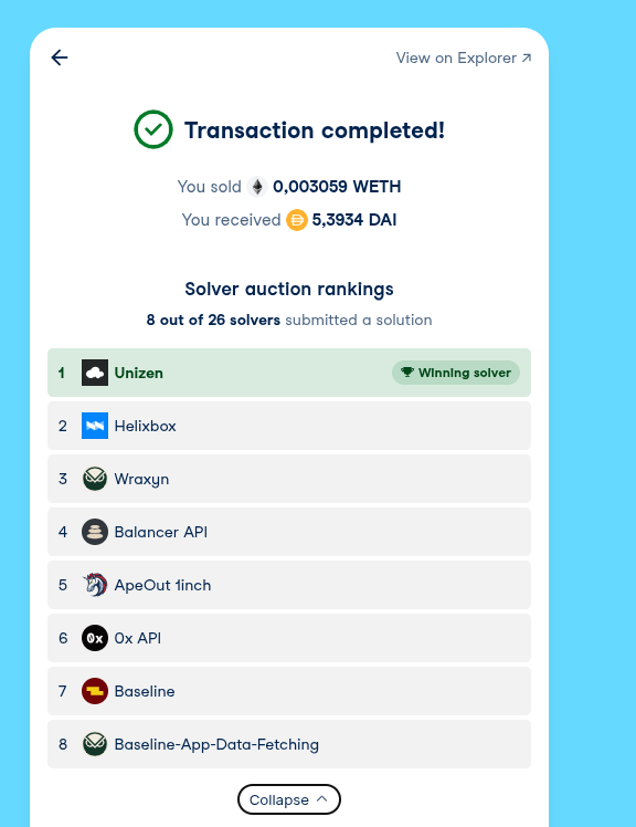 MartinGranstrom's tweet photo. @unizen_io solver is now live on CowSwap staging on @arbitrum

We’re competing in all swaps and limit orders — submitting quotes in real-time solver auctions.

In this round: 8 solvers entered.
Unizen delivered the best execution.

Production is next.

@CoWSwap quotes are about to get a lot better. 🐮
