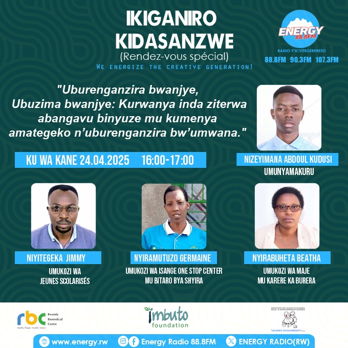 Jeunes Scolarises kubufatanye na <a href="/Imbuto/">Imbuto Foundation</a> ,<a href="/RBCRwanda/">Rwanda Biomedical Centre</a> ,<a href="/MusanzeDistrict/">Musanze District</a> , Tubararikiye kuza gukurikira ikiganiro kiza kugaruka ku ruhare rwa buri muntu mu kurwanya ihohoterwa rikorerwa abana kiratambuka kuri Energy Radio guhera  saa 17h00.