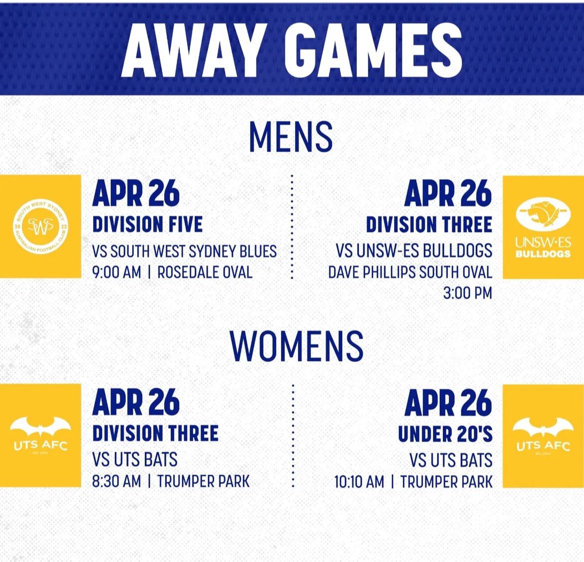 Here's our fixtures for this weekend - we hope to see you supporting the blue and gold at a game!