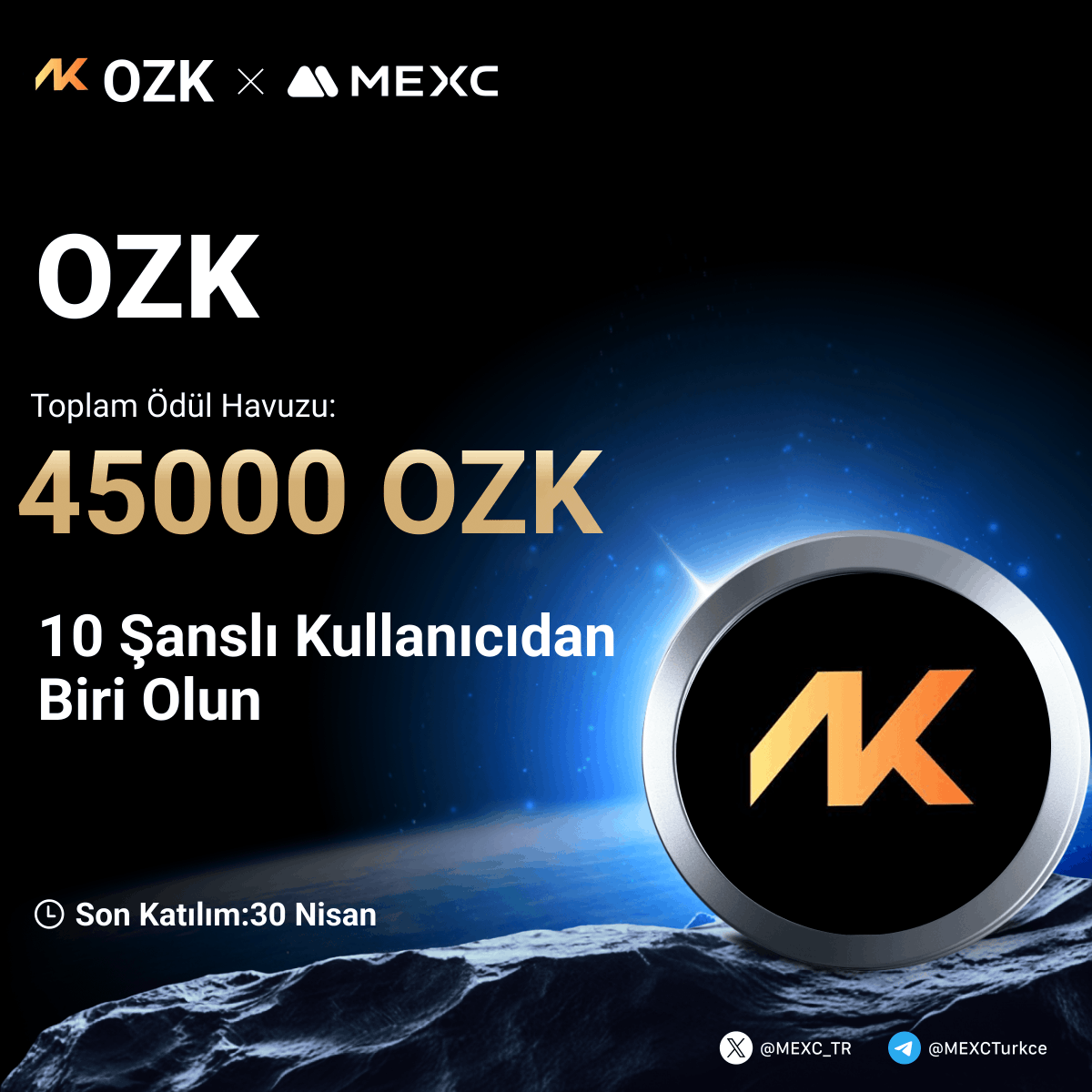 🎉  $OZK'nin #MEXC'de Listelenmesini Kutluyoruz!

🤩 33.700.000 $OZK ve 50.000 $USDT Ödül Havuzuna Ek Olarak Tam 90.000 $OZK den Payınızı Kazanmak İçin Yapmanız Gerekenler;

🔹Takip Edin:<a href="/MEXC_TR/">EDIS</a>
🔹Formu Doldurun;mexctr.info/4cKpj3f
🔹Bu gönderiyi beğenin ve RT yapın 

⏰Son