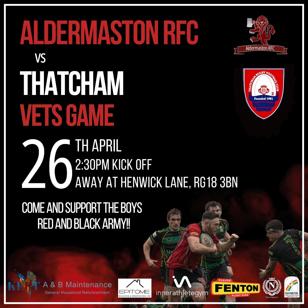 📷We're off to Henwick Lane, RG18 3BN this Saturday 26th April for our AGM followed by a VETS game against Thatcham. Kick-off is at 2:30pm, come and cheer the boys on!⁠ Thinking of playing rugby? Visit aldermastonrugby.co.uk/join-arfc/  #AldermastonRFC #RedandBlackArmy #Berkshire