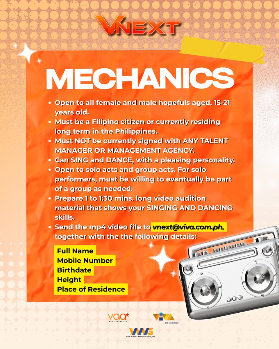 VivaArtists_'s tweet image. 🌟 Ready to be the next PPOP sensation? 🎤💃

Join VNEXT and show us what you’ve got!
Ages 15–21 | Open to solo &amp;amp; group acts

Send your audition video now to vnext@viva.com.ph! 

✅ Check poster for more details!

#VNEXT #VivaAuditions