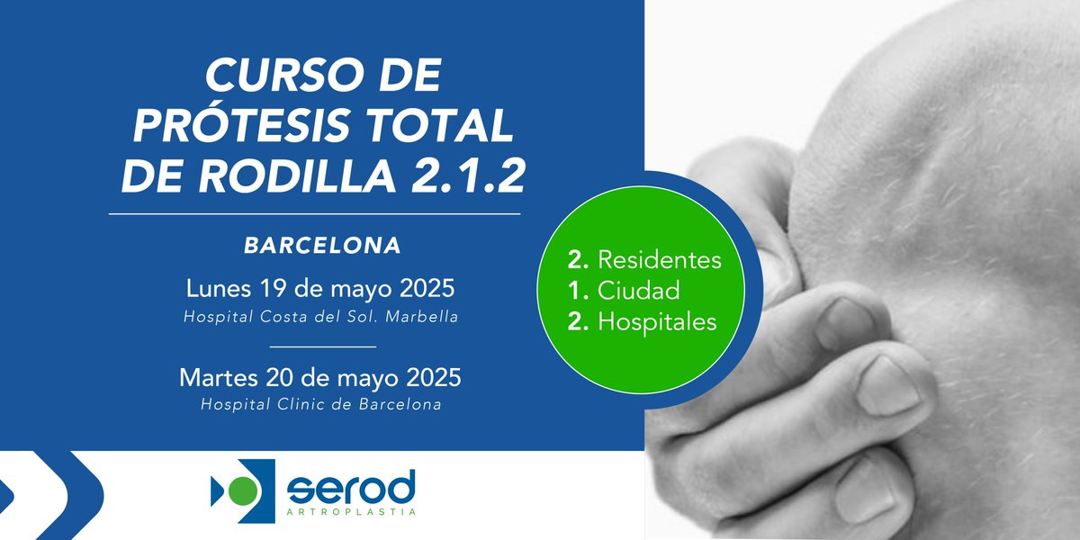 🟢 CURSO DE PRÓTESIS TOTAL DE RODILLA 2.1.2 - Barcelona 🟢

¿Eres residente de COT y quieres participar en nuestro Curso 2.1.2? Pues estas son las fechas de mayo:

🗓️ 19 de mayo: Hospital dela Esperanza

🗓️ 20 de mayo: Hospital Clinic de Barcelona

📲 serod.org/curso-de-forma…
