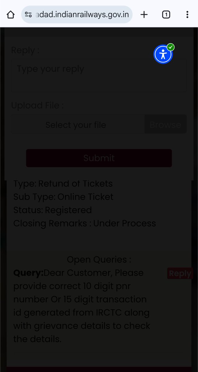 EMGwindow's tweet photo. @IRCTCofficial Blank screen when you try to reply on @RailMadad portal https://t.co/AdpZ7owLA0