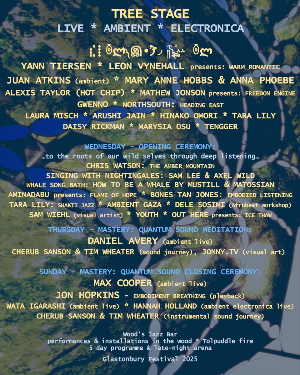 Glastonbury Festival (@glastonbury) on Twitter photo The <a href="/WoodsiesArea/">WoodsiesAreaGlasto</a> 2025 line-up is here!
Woodsies Main Stage presents an amazing range of the best of today’s music.
Following a successful 2024 debut, the Tree Stage returns, offering an intimate, reconnective experience that blurs the boundary between nature, sound, and self. The <a href="/WoodsiesArea/">WoodsiesAreaGlasto</a> 2025 line-up is here!
Woodsies Main Stage presents an amazing range of the best of today’s music.
Following a successful 2024 debut, the Tree Stage returns, offering an intimate, reconnective experience that blurs the boundary between nature, sound, and self.
