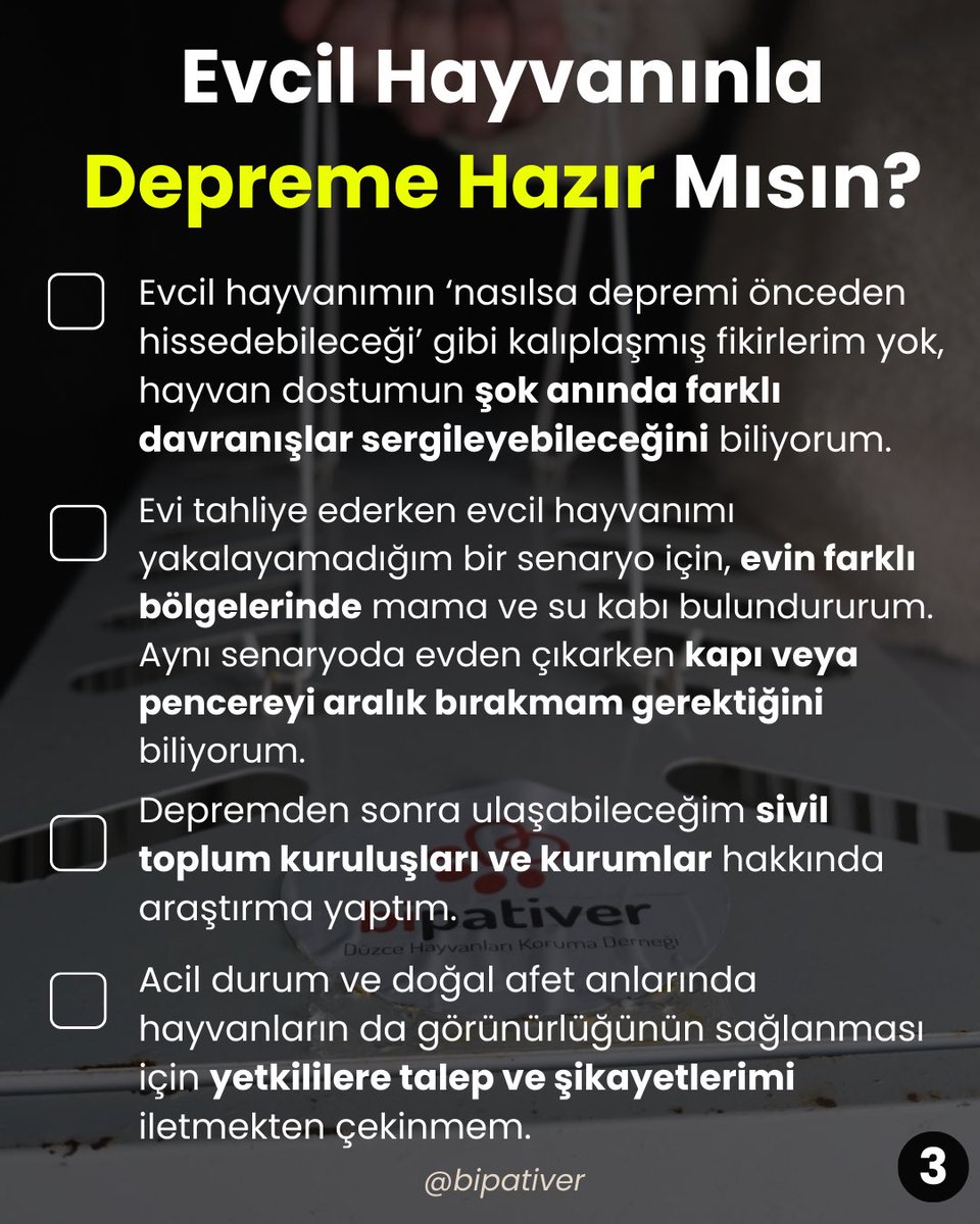 Evcil hayvanınla depreme hazır mısın? ⛑️
Bu değerlendirme sorularını çözerek daha fazla fikir edinebilirsin. Merak ettiklerin için bize ulaşmaktan çekinme. 

Acil durum ve doğal afet anlarında hayvanların da unutulmamasını istiyoruz. Bu konuda hazırladığımız bilgilendirici