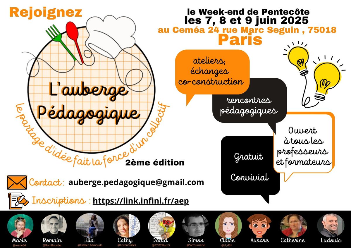 🗓️Avant📝vos projets, partagez inspirations et créations pétillantes à l'auberge espagnole pédagogique. Entre pairs, de façon conviviale😃, il n'y a qu'à s'inscrire ici👉link.infini.fr/aep et venir le 7-8 et 9 juin.
#AEP25 #pedagogie #enseignement #coformation #education