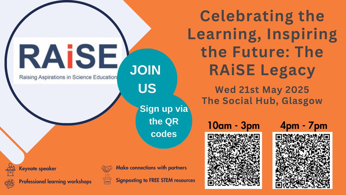 📢 THE RAiSE EXPO - 21 MAY 2025 📢

Join us for a fantastic day/evening of professional learning at the Social Hub, Glasgow for the RAiSE Expo! 🤩

All teachers, probationers and student teachers welcome! 🙌

Workshop info: drive.google.com/file/d/1mkYPTb…

<a href="/RaiseScotland/">RAiSE</a>