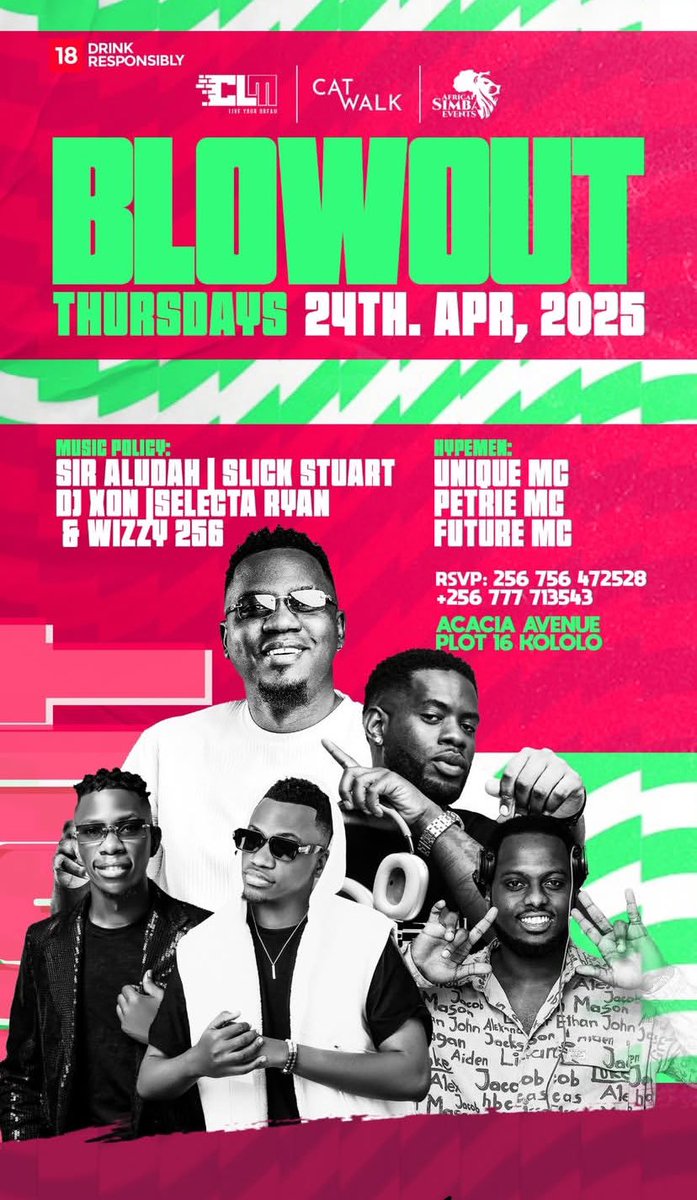 Mushrm (@mushroominc) on Twitter photo Get ready for Blowout Thursday at <a href="/CatwalkKla/">Catwalk Lounge Kampala</a>. Tonight, <a href="/DjAludah/">Sir. Aludah π</a>, <a href="/djSlickStuart/">djslickstuart</a>, <a href="/DjXonOfficial/">Djay Xon</a>, <a href="/SelectaRyan_/">Selecta Ryan πΊπ¬</a>, and <a href="/deejaywizzy256/">Deejay Wizzy 256</a> take over the decks, unleashing a non-stop tsunami of epic bangers to keep you moving all night long! Get ready for Blowout Thursday at <a href="/CatwalkKla/">Catwalk Lounge Kampala</a>. Tonight, <a href="/DjAludah/">Sir. Aludah π</a>, <a href="/djSlickStuart/">djslickstuart</a>, <a href="/DjXonOfficial/">Djay Xon</a>, <a href="/SelectaRyan_/">Selecta Ryan πΊπ¬</a>, and <a href="/deejaywizzy256/">Deejay Wizzy 256</a> take over the decks, unleashing a non-stop tsunami of epic bangers to keep you moving all night long!