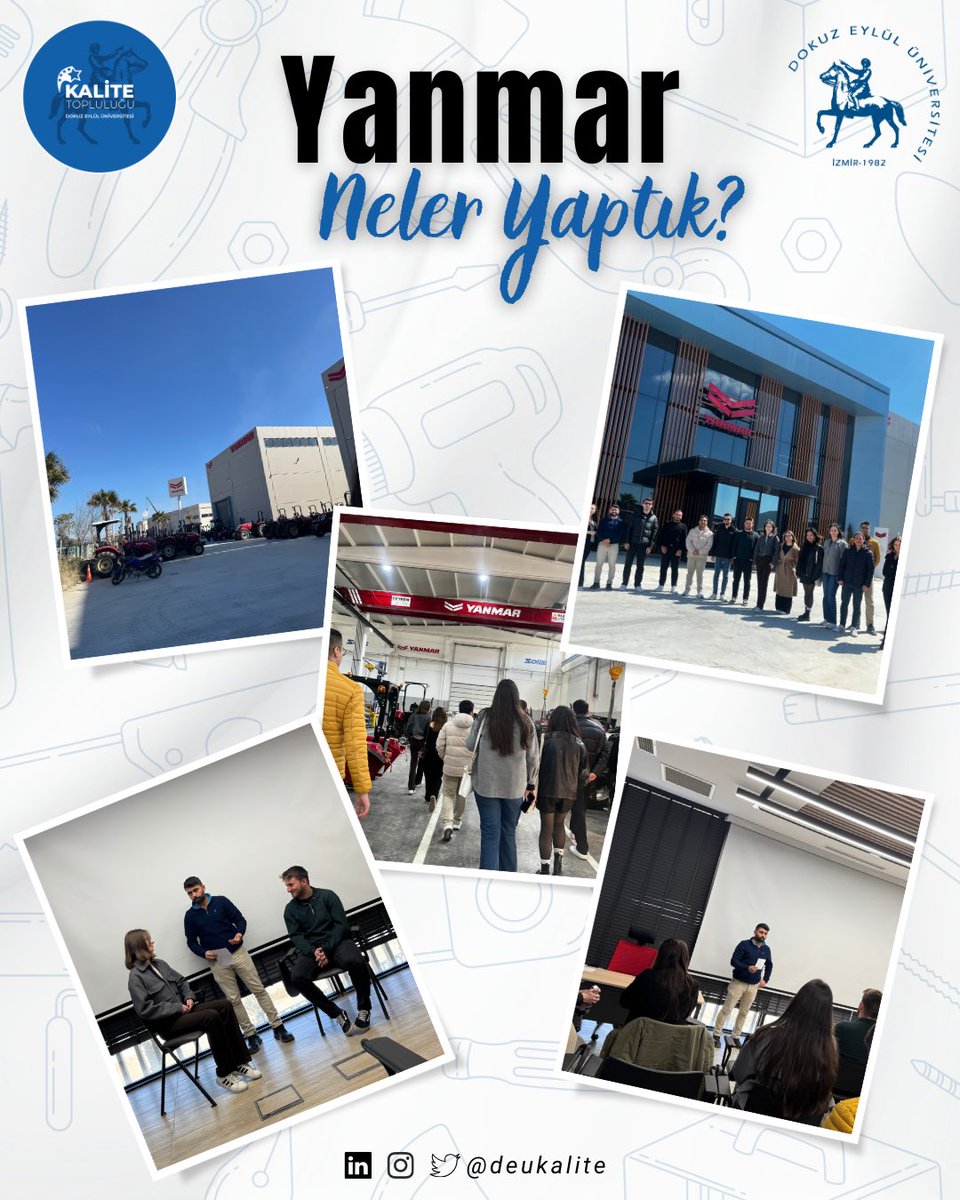 Dokuz eylül Üniversitesi Kalite Öğrenci Topluluğu olarak 21 mart cuma günü Yanmar Şirketini ziyaret ettik.

📌Gerçekleştirdiğimiz teknik gezide, üretim süreçleri ve kalite yönetimi konularında oldukça kıymetli bilgiler edindik. 

Misafirperverlikleri için teşekkür ederiz🙏💙