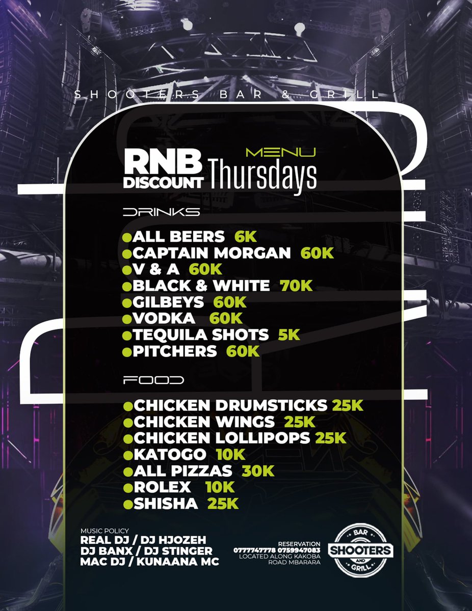 Speke Events 🇺🇬 (@eddiespikaagaba) on Twitter photo Don’t you just love R&B?
Taste the extraordinary this and every Thursday <a href="/ShootersBar_Mbr/">Shooters Bar And Grill Mbarara</a> with #RnBDiscountThursdays. Experience the unbeatable discounts, grown and sexy vibes only! Don’t you just love R&B?
Taste the extraordinary this and every Thursday <a href="/ShootersBar_Mbr/">Shooters Bar And Grill Mbarara</a> with #RnBDiscountThursdays. Experience the unbeatable discounts, grown and sexy vibes only!