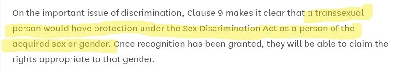 Here's the minister introducing Gender Recognition Bill in 2003 saying it'd amend equality legislation to protect trans people in acquired gender.

But Supreme Court judgment somehow concluded there was no evidence that Parliament wanted to protect trans people in acquired gender